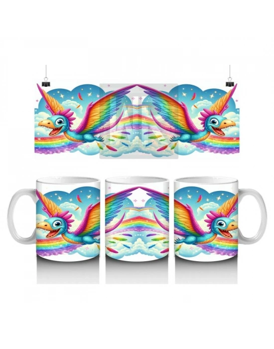 Çocuklara Sütü Sevdiren Gökkuşağı Kanatlı Dinozor Desenli Kupa Bardak