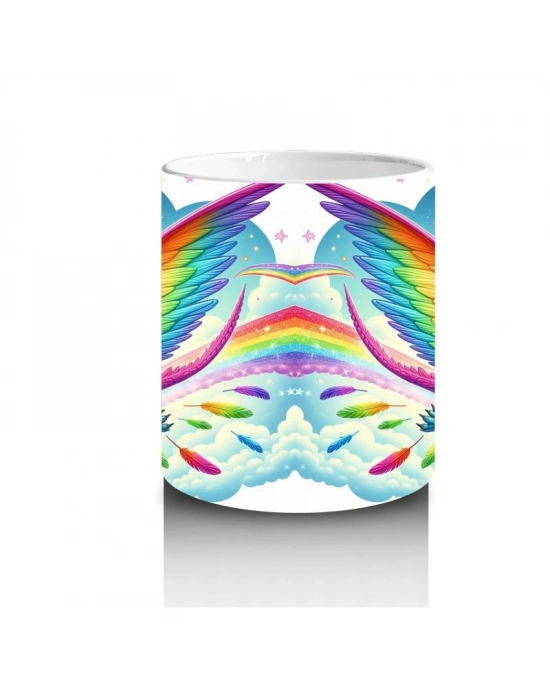 Çocuklara Sütü Sevdiren Gökkuşağı Kanatlı Dinozor Desenli Kupa Bardak