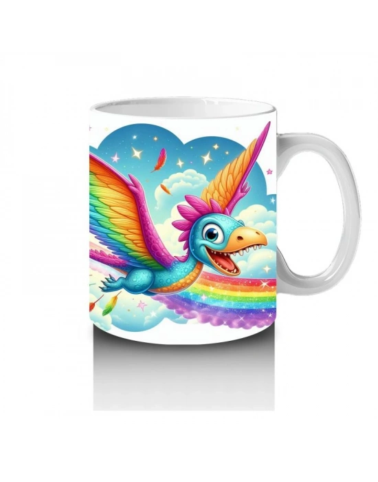 Çocuklara Sütü Sevdiren Gökkuşağı Kanatlı Dinozor Desenli Kupa Bardak