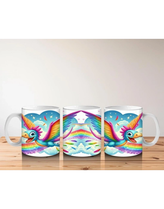 Çocuklara Sütü Sevdiren Gökkuşağı Kanatlı Dinozor Desenli Kupa Bardak