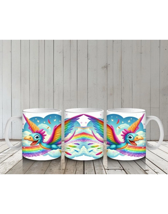 Çocuklara Sütü Sevdiren Gökkuşağı Kanatlı Dinozor Desenli Kupa Bardak