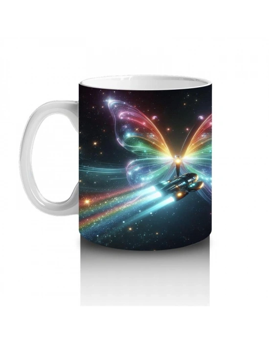 Çocuklara Sütü Sevdiren Gökkuşağı Kanatlı Uzay Kelebeği Desenli Kupa Bardak