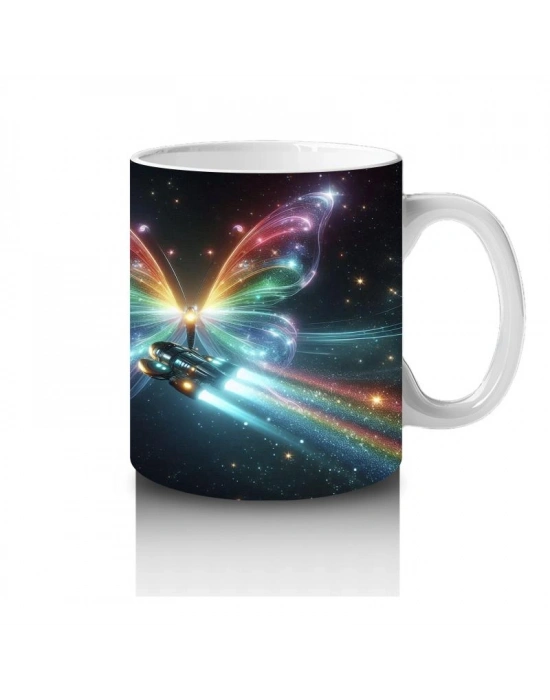 Çocuklara Sütü Sevdiren Gökkuşağı Kanatlı Uzay Kelebeği Desenli Kupa Bardak