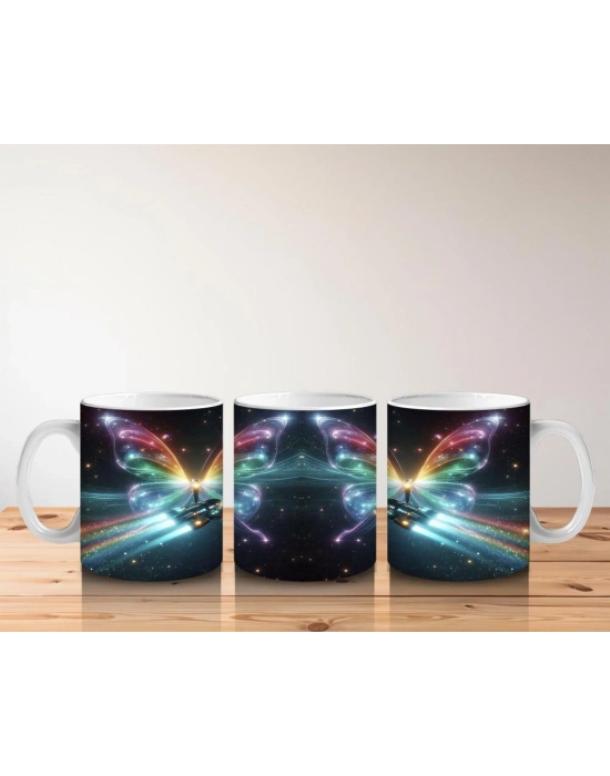 Çocuklara Sütü Sevdiren Gökkuşağı Kanatlı Uzay Kelebeği Desenli Kupa Bardak