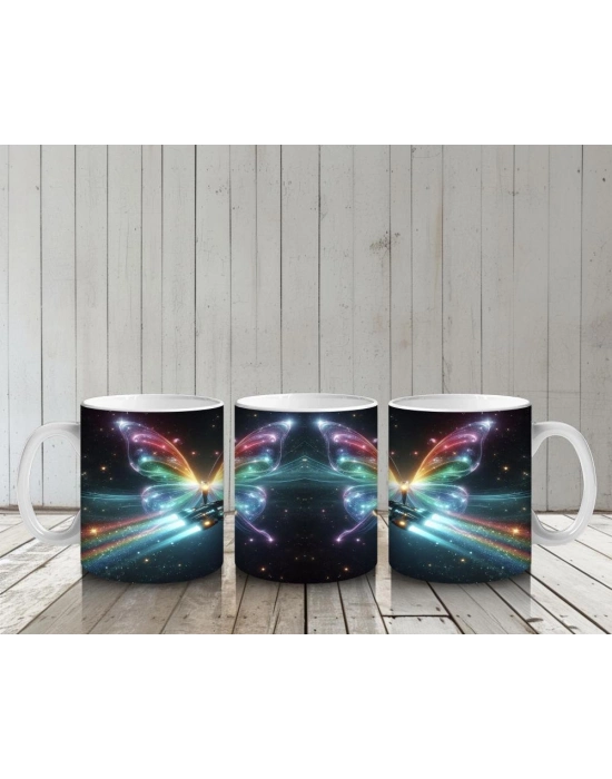 Çocuklara Sütü Sevdiren Gökkuşağı Kanatlı Uzay Kelebeği Desenli Kupa Bardak