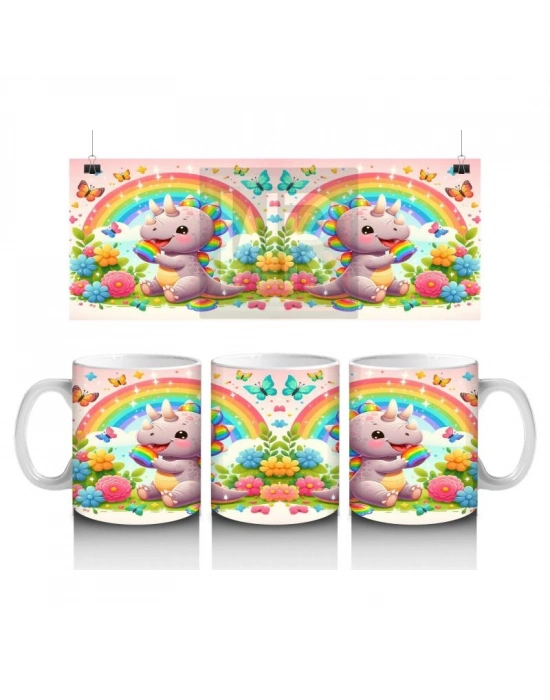 Çocuklara Sütü Sevdiren Gökkuşağı Şekerli Neşeli Dinozor Desenli Kupa Bardak