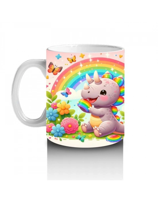 Çocuklara Sütü Sevdiren Gökkuşağı Şekerli Neşeli Dinozor Desenli Kupa Bardak