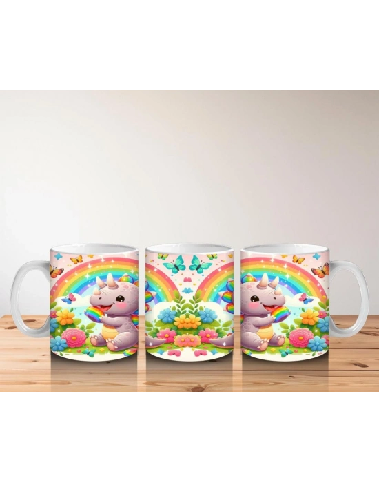 Çocuklara Sütü Sevdiren Gökkuşağı Şekerli Neşeli Dinozor Desenli Kupa Bardak