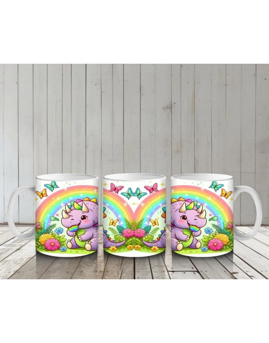 Çocuklara Sütü Sevdiren Gökkuşağı Şekerli Sevimli Dinozor Desenli Kupa Bardak