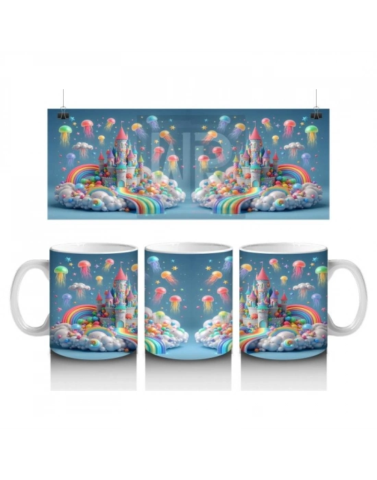 Çocuklara Sütü Sevdiren Gökkuşağı Şelaleli Renkli Masal Şatosu Desenli Kupa Bardak