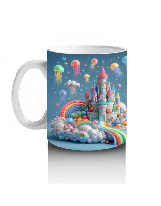 Çocuklara Sütü Sevdiren Gökkuşağı Şelaleli Renkli Masal Şatosu Desenli Kupa Bardak