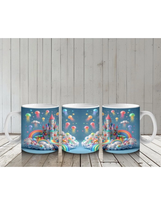 Çocuklara Sütü Sevdiren Gökkuşağı Şelaleli Renkli Masal Şatosu Desenli Kupa Bardak
