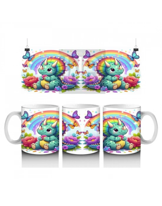 Çocuklara Sütü Sevdiren Gökkuşağı Triceratops Kupa Bardak