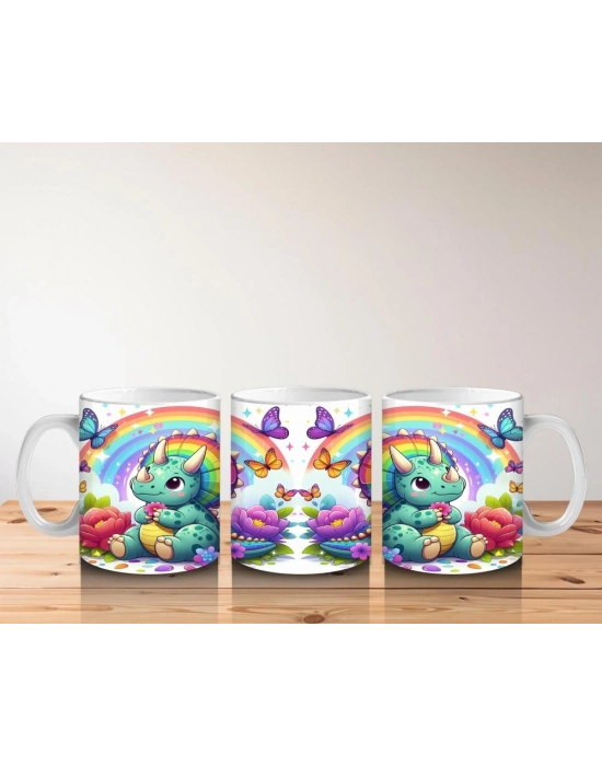 Çocuklara Sütü Sevdiren Gökkuşağı Triceratops Kupa Bardak