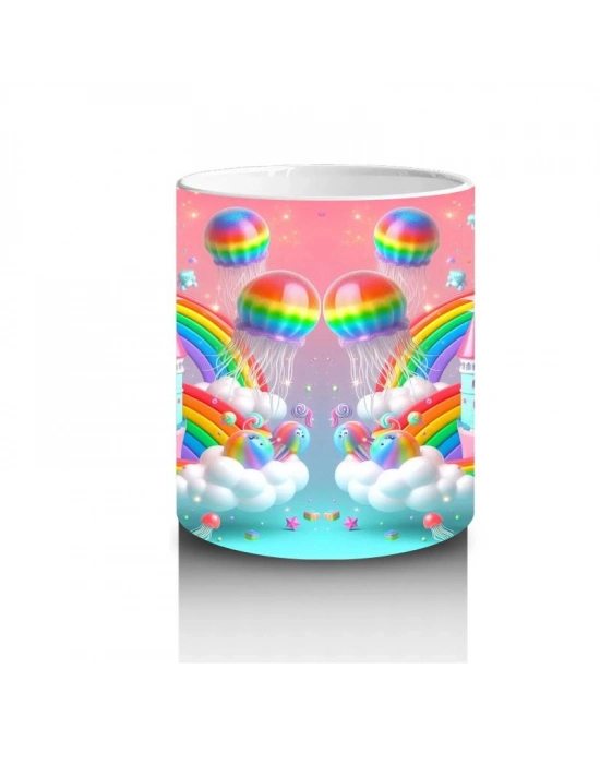 Çocuklara Sütü Sevdiren Gökkuşağı ve Balonlu Masal Şatosu Desenli Kupa Bardak