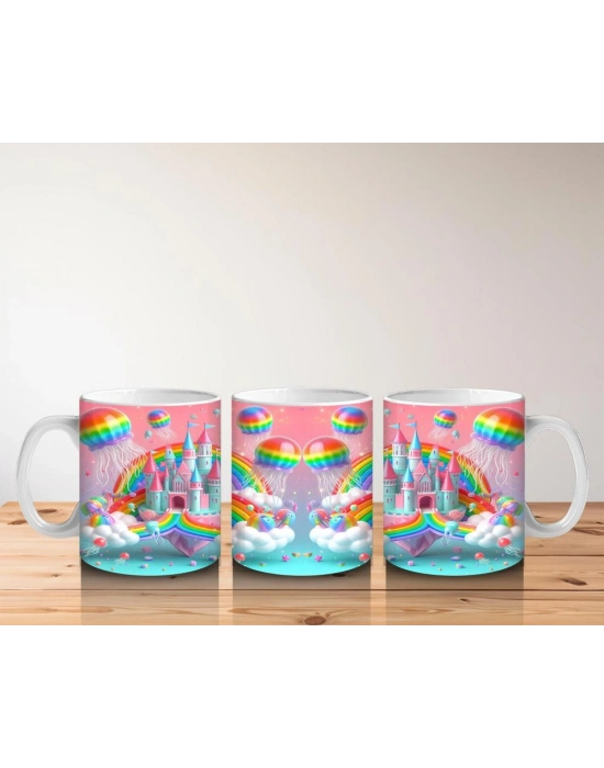 Çocuklara Sütü Sevdiren Gökkuşağı ve Balonlu Masal Şatosu Desenli Kupa Bardak