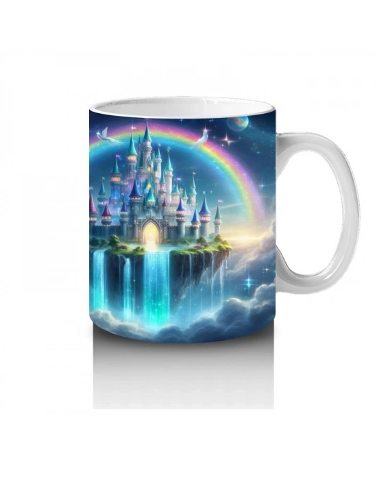 Çocuklara Sütü Sevdiren Gökkuşağı ve Büyülü Şato Desenli Kupa Bardak