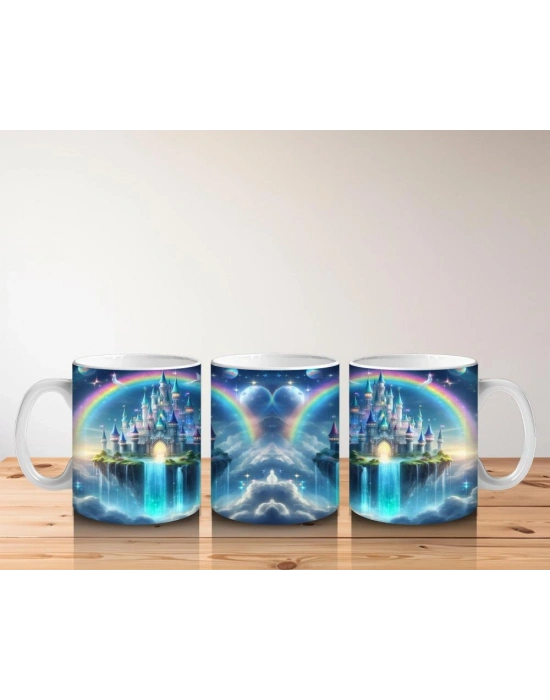 Çocuklara Sütü Sevdiren Gökkuşağı ve Büyülü Şato Desenli Kupa Bardak