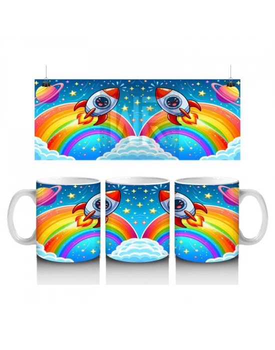 Çocuklara Sütü Sevdiren Gökkuşağı ve Roketli Uzay Macerası Desenli Kupa Bardak