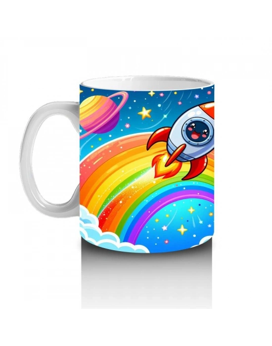Çocuklara Sütü Sevdiren Gökkuşağı ve Roketli Uzay Macerası Desenli Kupa Bardak