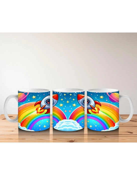 Çocuklara Sütü Sevdiren Gökkuşağı ve Roketli Uzay Macerası Desenli Kupa Bardak