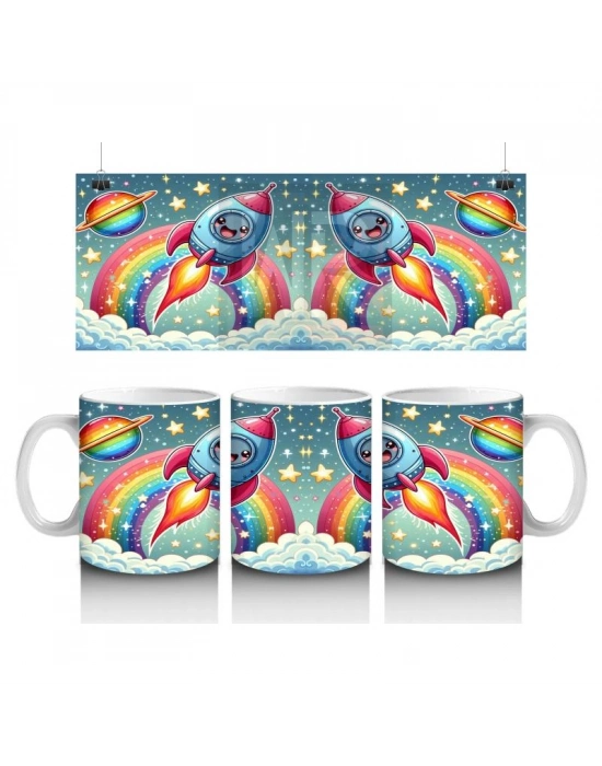 Çocuklara Sütü Sevdiren Gökkuşağı ve Sevimli Roket Yolculuğu Desenli Kupa Bardak