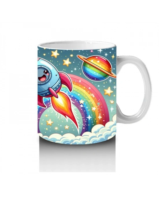Çocuklara Sütü Sevdiren Gökkuşağı ve Sevimli Roket Yolculuğu Desenli Kupa Bardak
