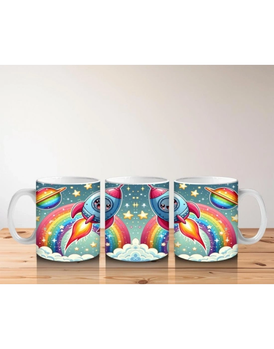 Çocuklara Sütü Sevdiren Gökkuşağı ve Sevimli Roket Yolculuğu Desenli Kupa Bardak