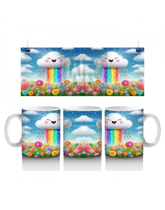 Çocuklara Sütü Sevdiren Gökkuşağı Yağdıran Neşeli Bulut Desenli Kupa Bardak