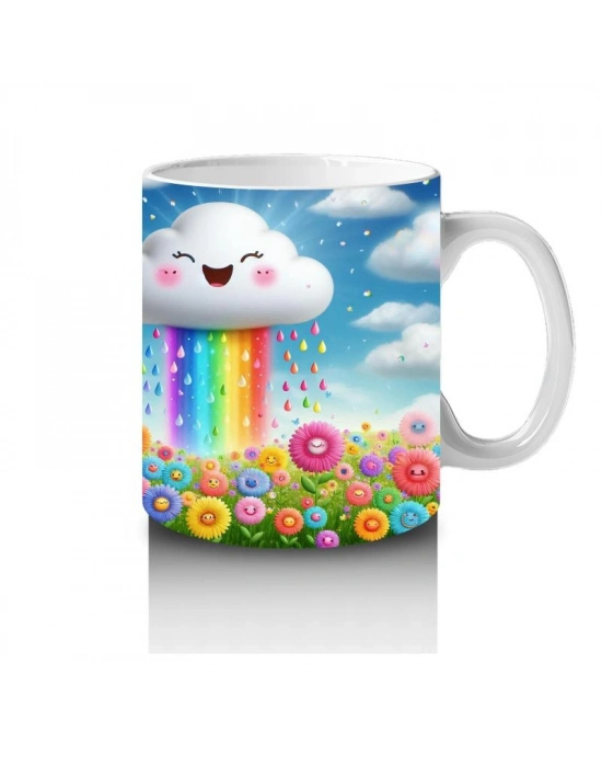 Çocuklara Sütü Sevdiren Gökkuşağı Yağdıran Neşeli Bulut Desenli Kupa Bardak
