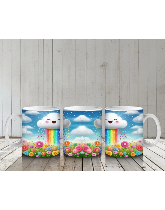 Çocuklara Sütü Sevdiren Gökkuşağı Yağdıran Neşeli Bulut Desenli Kupa Bardak