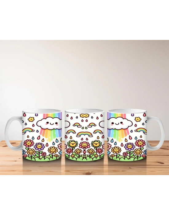 Çocuklara Sütü Sevdiren Gökkuşağı Yağmurlu Gülümseyen Bulut ve Çiçekler Desenli Kupa Bardak