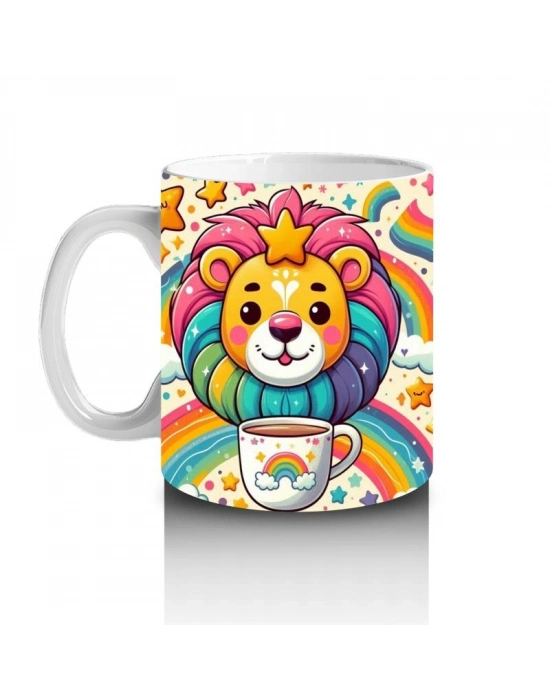 Çocuklara Sütü Sevdiren Gökkuşağı Yelesi ve Süt Kupasıyla Sevimli Aslan Desenli Kupa Bardak