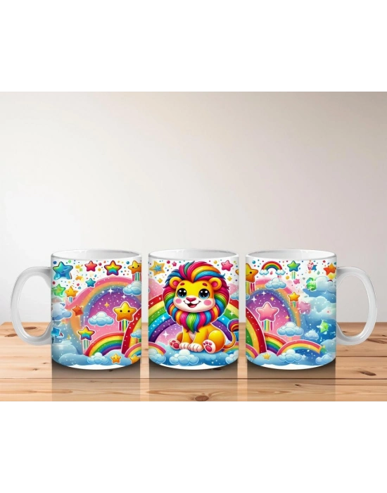 Çocuklara Sütü Sevdiren Gökkuşağı Yelesiyle Sevimli Aslan Desenli Kupa Bardak