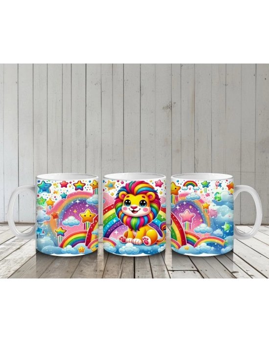 Çocuklara Sütü Sevdiren Gökkuşağı Yelesiyle Sevimli Aslan Desenli Kupa Bardak