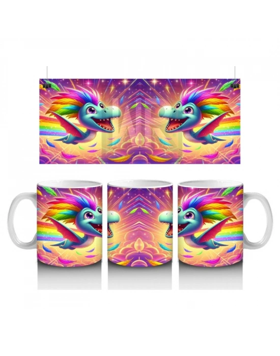 Çocuklara Sütü Sevdiren Gökkuşağı Yelesiyle Uçan Sevimli Dinozor Desenli Kupa Bardak