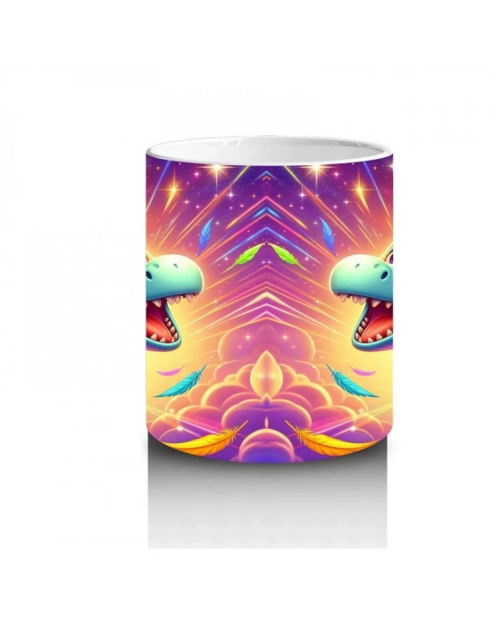 Çocuklara Sütü Sevdiren Gökkuşağı Yelesiyle Uçan Sevimli Dinozor Desenli Kupa Bardak