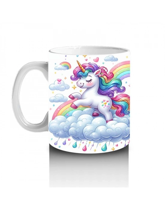Çocuklara Sütü Sevdiren Gökkuşağında Koşan Sevimli Unicorn Desenli Kupa Bardak
