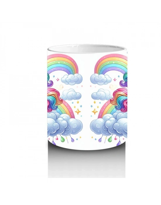 Çocuklara Sütü Sevdiren Gökkuşağında Koşan Sevimli Unicorn Desenli Kupa Bardak