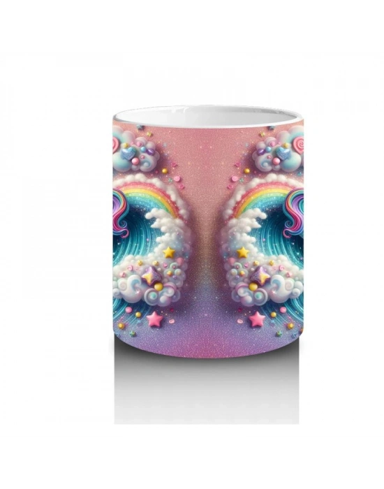 Çocuklara Sütü Sevdiren Gökkuşağında Sörf Yapan Unicorn Desenli Kupa Bardak