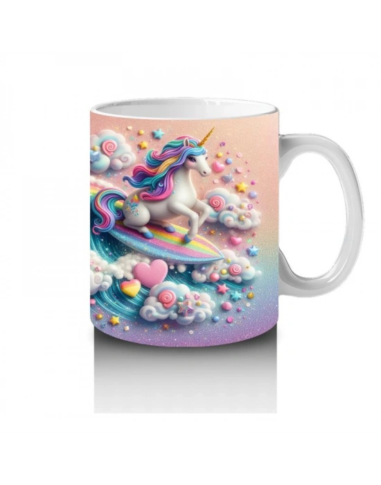 Çocuklara Sütü Sevdiren Gökkuşağında Sörf Yapan Unicorn Desenli Kupa Bardak