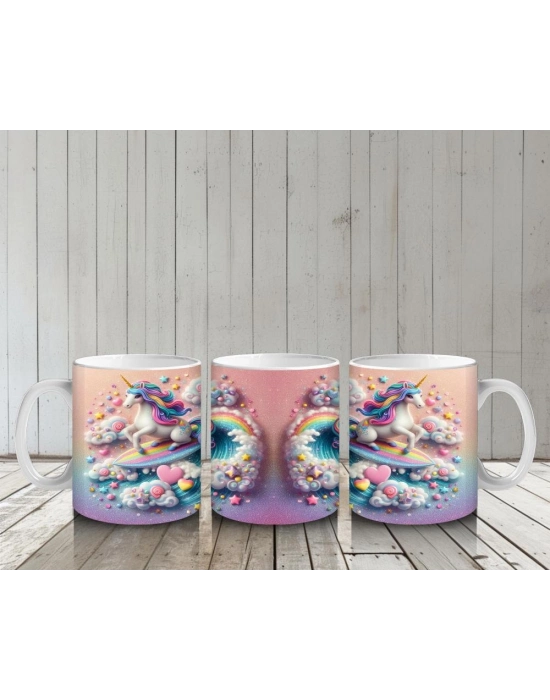 Çocuklara Sütü Sevdiren Gökkuşağında Sörf Yapan Unicorn Desenli Kupa Bardak