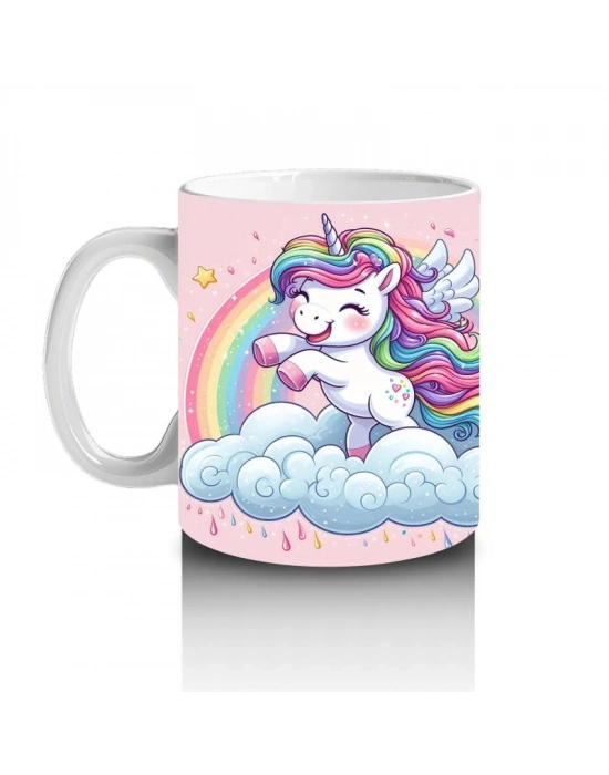 Çocuklara Sütü Sevdiren Gökkuşağında Uçan Mutlu Unicorn Desenli Kupa Bardak