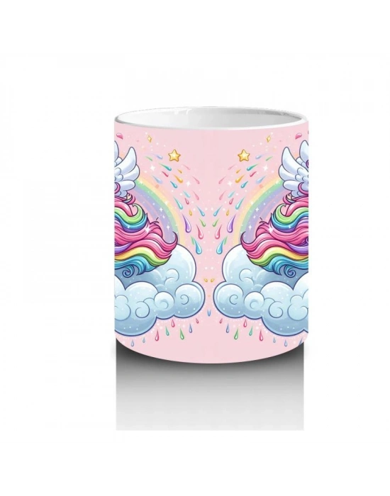 Çocuklara Sütü Sevdiren Gökkuşağında Uçan Mutlu Unicorn Desenli Kupa Bardak