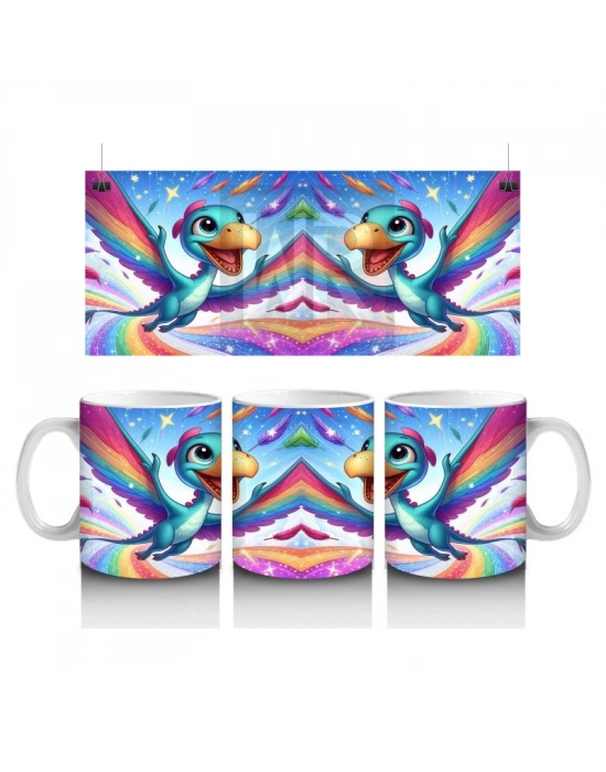 Çocuklara Sütü Sevdiren Gökkuşağında Uçan Sevimli Dinozor Desenli Kupa Bardak