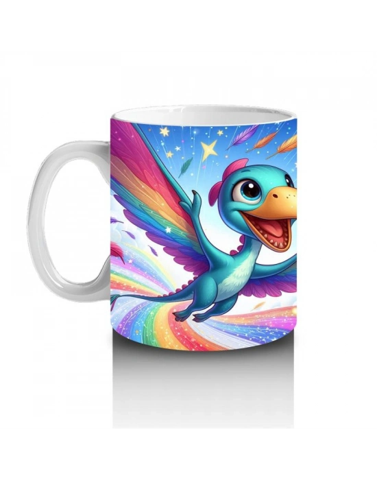 Çocuklara Sütü Sevdiren Gökkuşağında Uçan Sevimli Dinozor Desenli Kupa Bardak