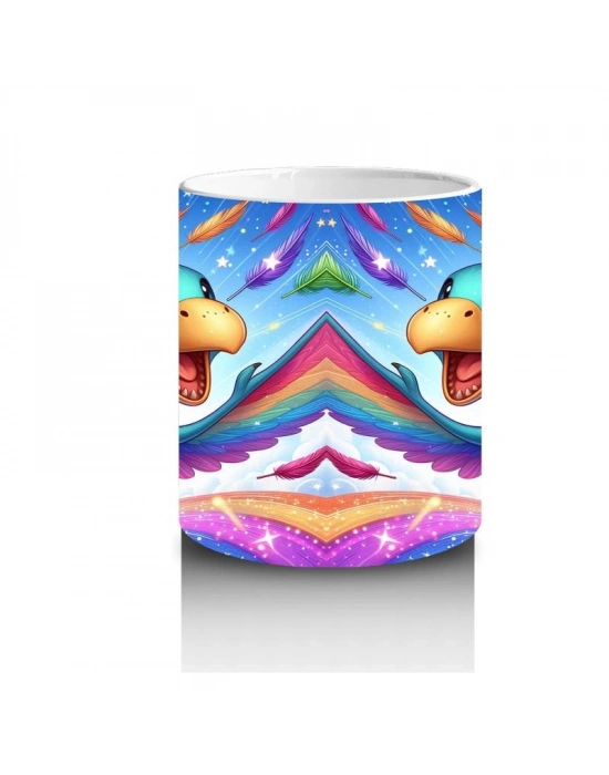 Çocuklara Sütü Sevdiren Gökkuşağında Uçan Sevimli Dinozor Desenli Kupa Bardak