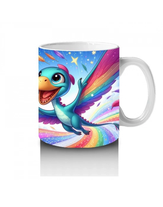 Çocuklara Sütü Sevdiren Gökkuşağında Uçan Sevimli Dinozor Desenli Kupa Bardak