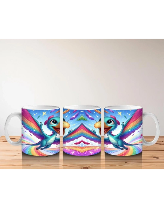 Çocuklara Sütü Sevdiren Gökkuşağında Uçan Sevimli Dinozor Desenli Kupa Bardak