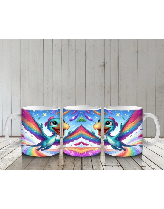 Çocuklara Sütü Sevdiren Gökkuşağında Uçan Sevimli Dinozor Desenli Kupa Bardak